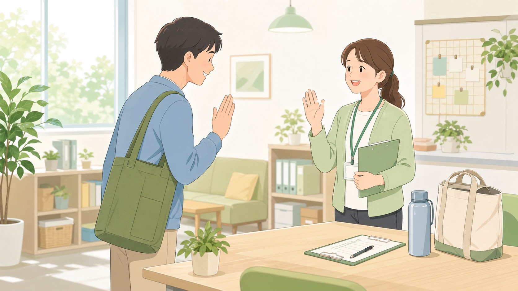 支援スタッフとあいさつをする利用者のイラスト
