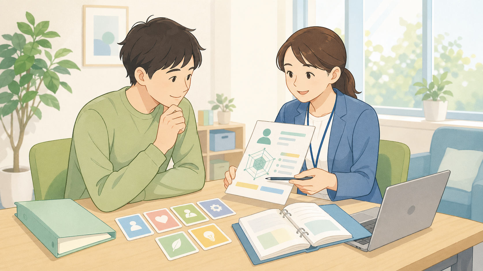 就活準備の資料を確認する利用者と支援スタッフのイラスト