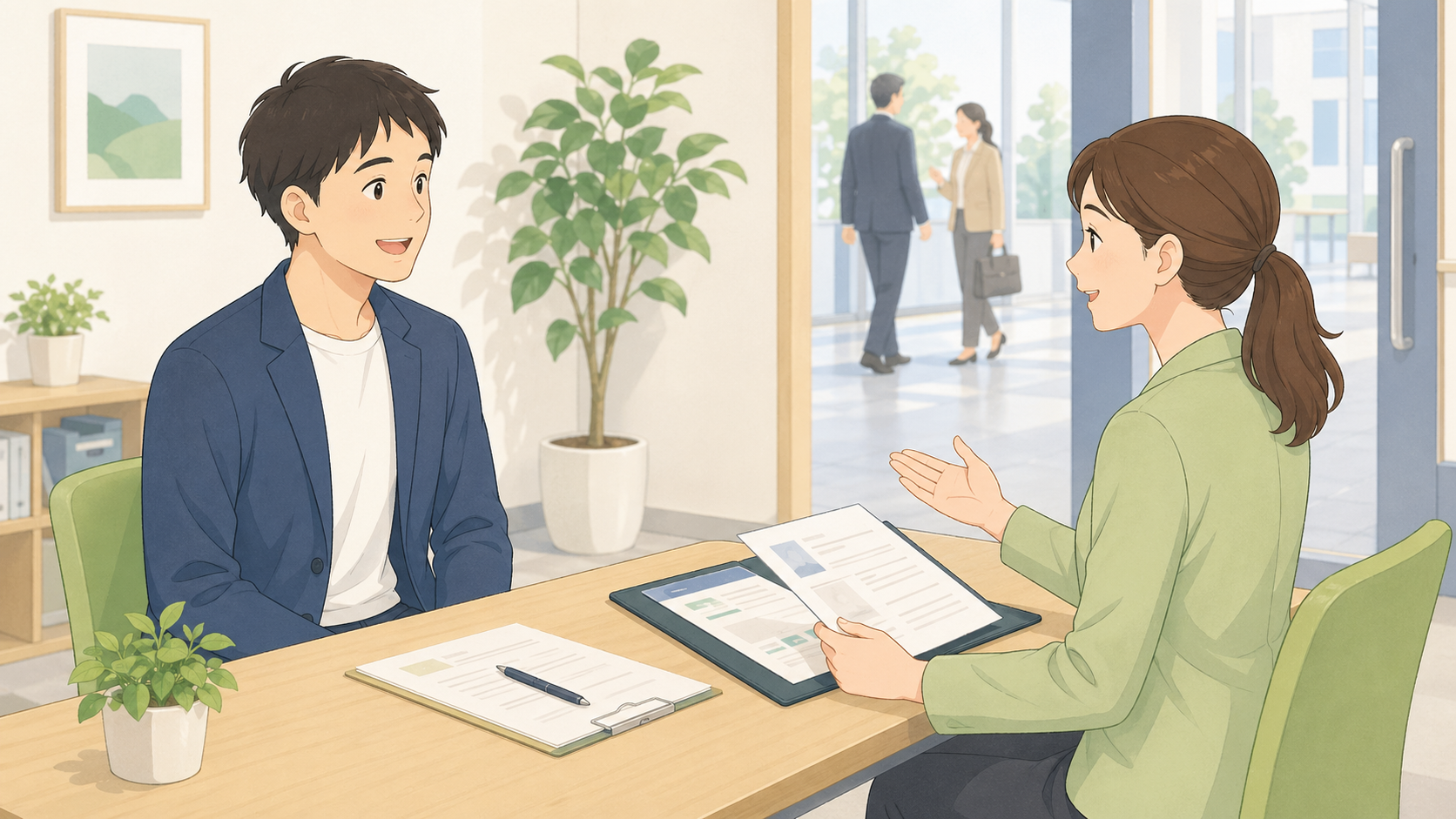 面接練習に取り組む利用者と支援スタッフのイラスト
